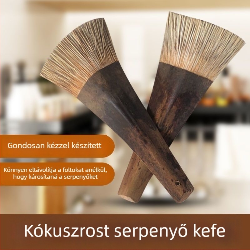 Kókuszrostból készült edényecset hosszú nyéllel, kíméli az edények alját, nem ragad a zsírhoz és nem tapad a kézhez