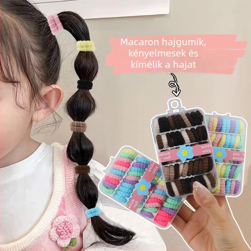 Dobozos macaron-stílusú hajgumik gyerekeknek, kímélik a hajat, magas rugalmasság, varrat nélküli, tartós