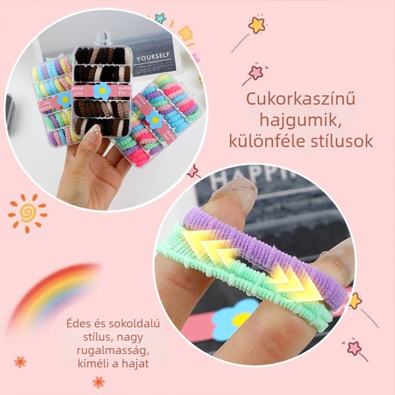 Dobozos macaron-stílusú hajgumik gyerekeknek, kímélik a hajat, magas rugalmasság, varrat nélküli, tartós