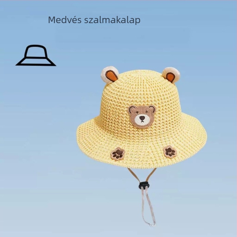 Nyári gyerekeknek szalmasapka, széles karimával, aranyos maci mintával, napvédő