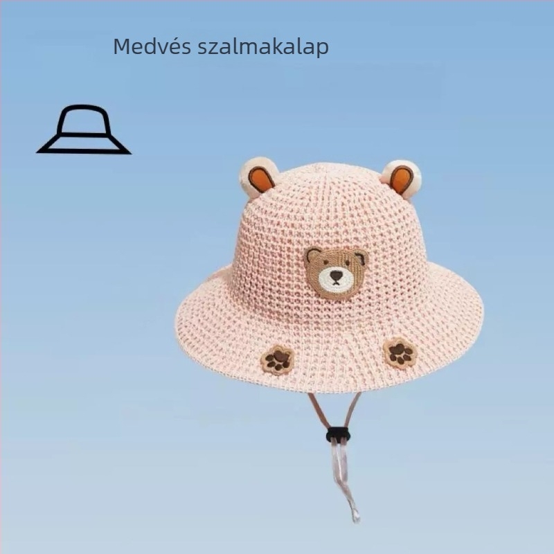 Nyári gyerekeknek szalmasapka, széles karimával, aranyos maci mintával, napvédő