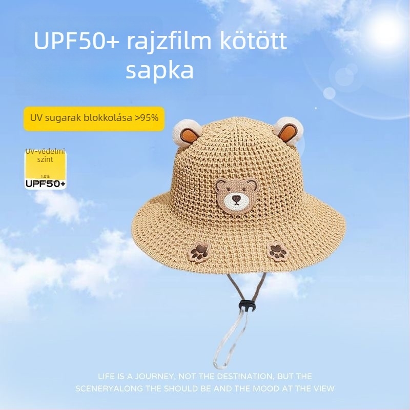 Nyári gyerekeknek szalmasapka, széles karimával, aranyos maci mintával, napvédő