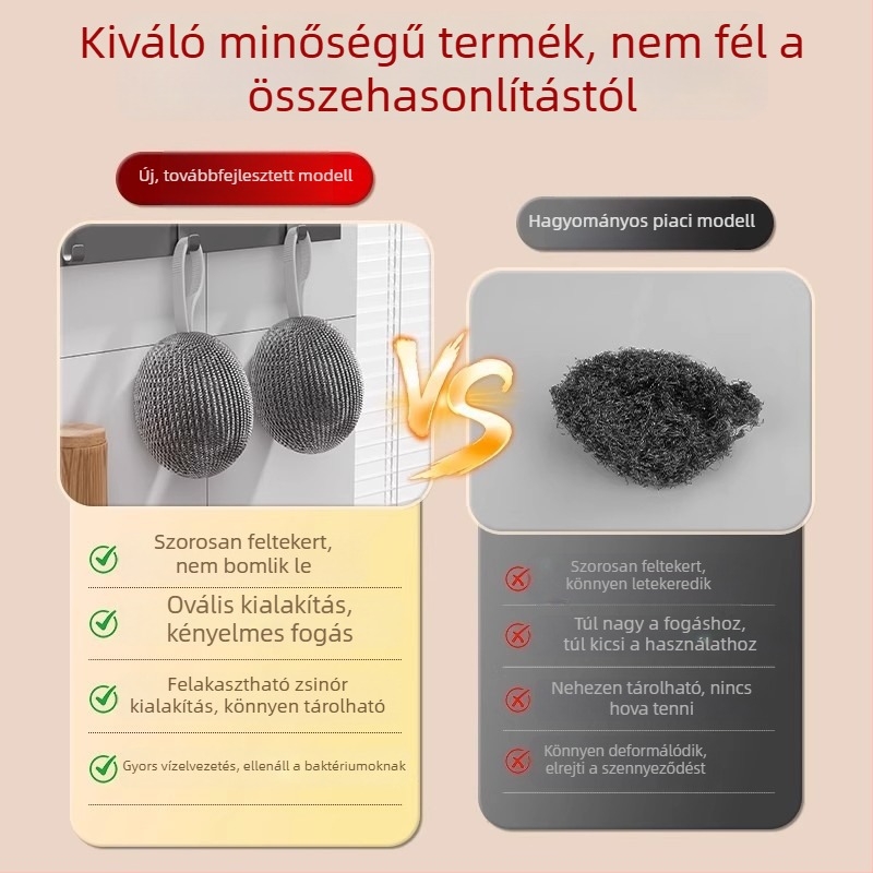 304 rozsdamentes acél tisztító golyó, élelmiszer-minőségű, szálmentes, konyhai edényekhez és serpenyőkhöz