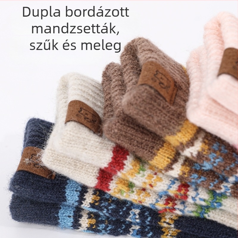 Jacquard gyermekkesztyűk fleece béléssel, vastag és meleg őszi-téli időszakra, színblokkokkal