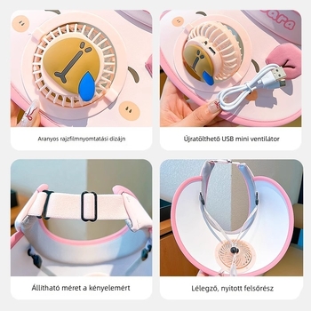 Kapibara gyerekek napvédő sapka ventilátorral - újratölthető, nyitott tetejű, lányoknak