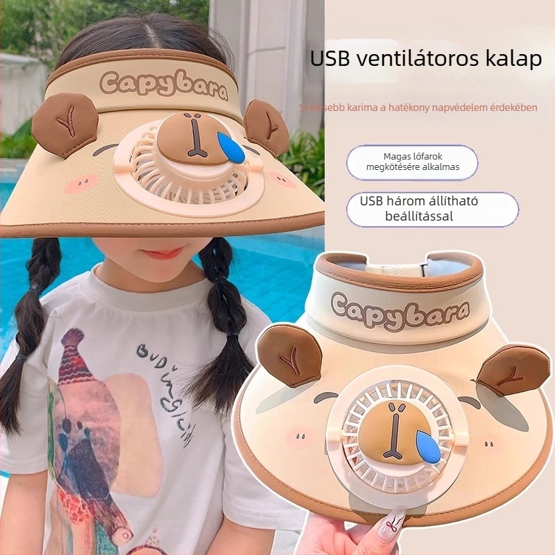 Kapibara gyerekek napvédő sapka ventilátorral - újratölthető, nyitott tetejű, lányoknak