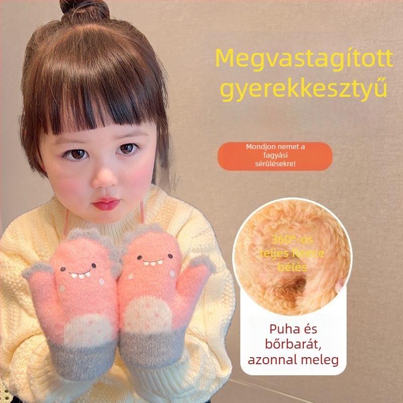 Gyermekeknek készült őszi-téli kesztyűk aranyos kis dinoszaurusz mintával, fleece-béléssel a melegért, fiúknak és lányoknak, diákok számára