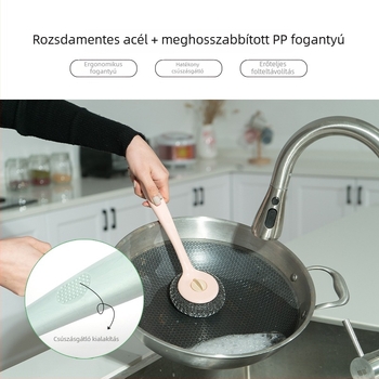 Hosszú nyelű konyhai fazék- és tál tisztító ecset rozsdamentes acélhuzal-golyóval