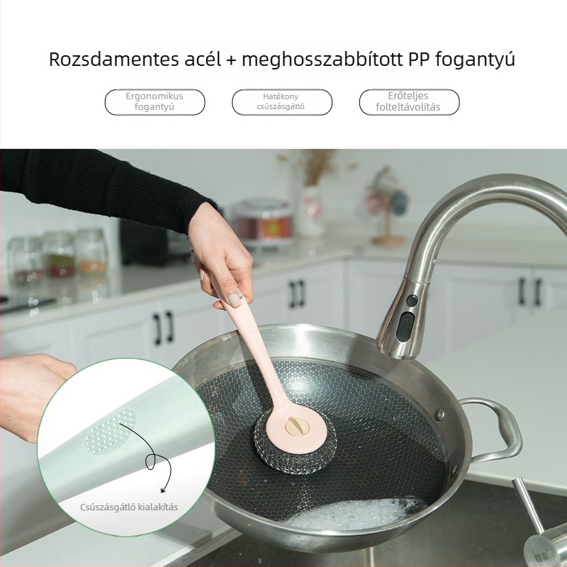 Hosszú nyelű konyhai fazék- és tál tisztító ecset rozsdamentes acélhuzal-golyóval