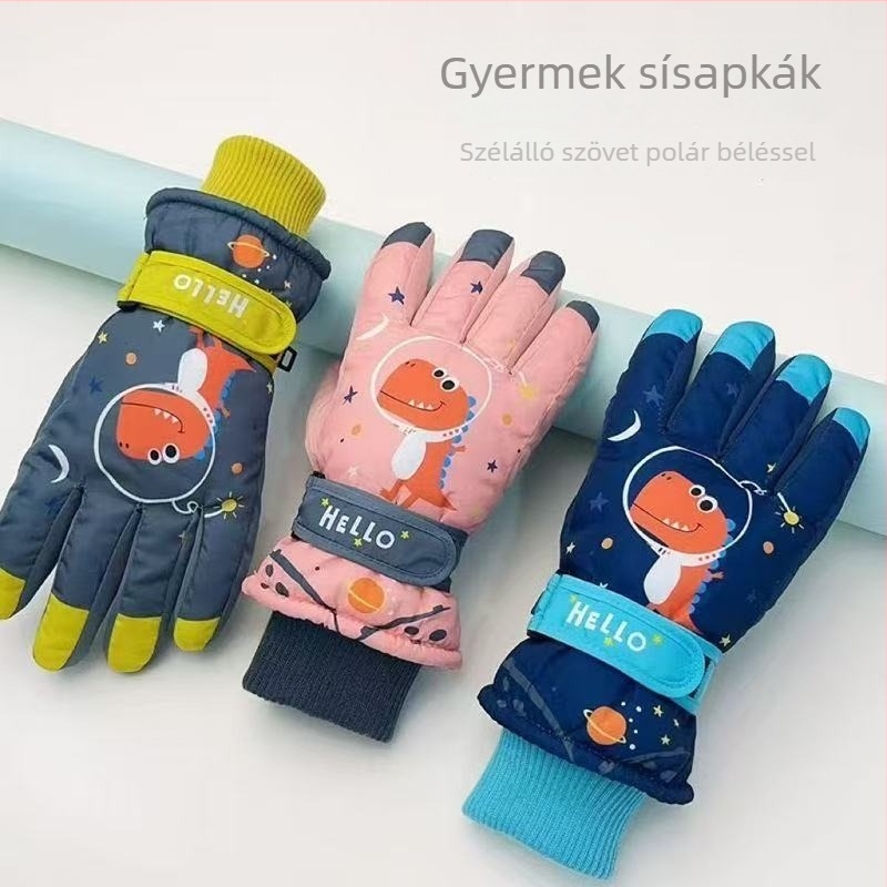Gyerekek téli kesztyű fleece bélés, karikatúra mintával, öt ujjas, 3–14 éveseknek.