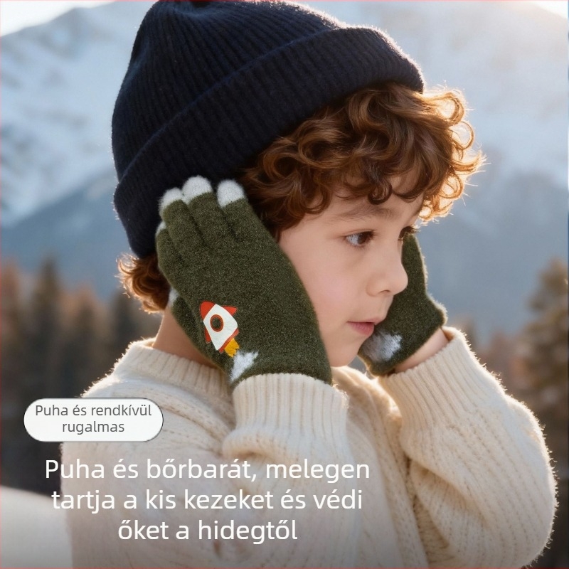 Őszi-téli gyerek kesztyűk fiúk számára, rakéta mintával, fleece bélésű, vastag és meleg az óvodába