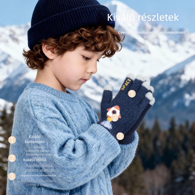 Őszi-téli gyerek kesztyűk fiúk számára, rakéta mintával, fleece bélésű, vastag és meleg az óvodába