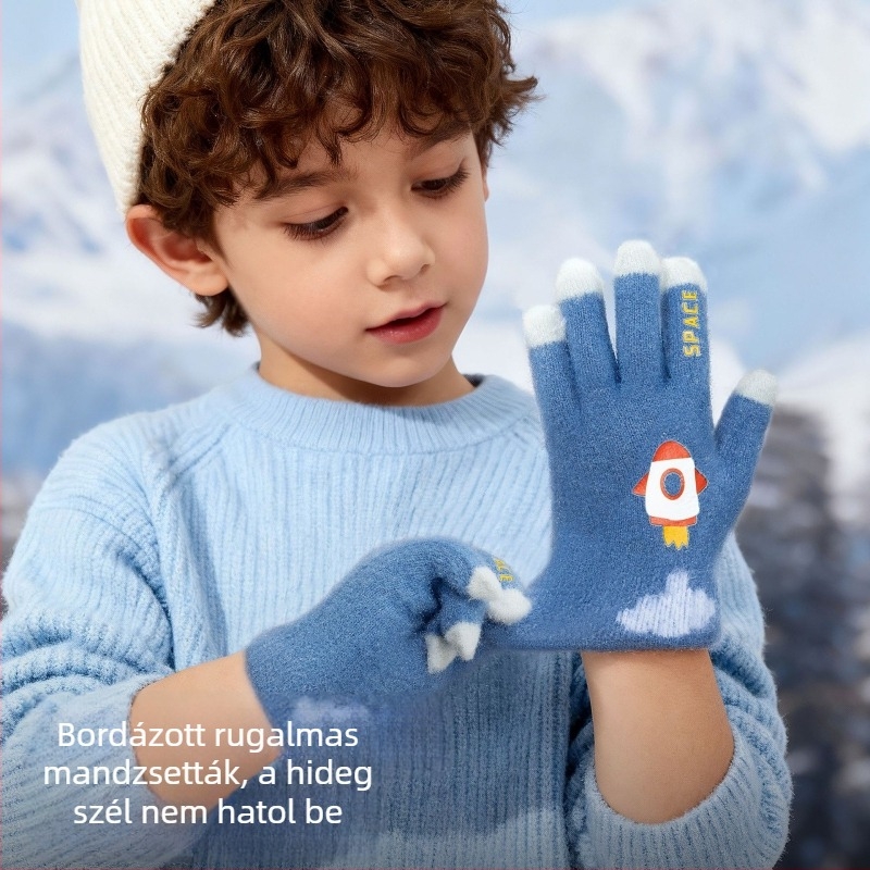 Őszi-téli gyerek kesztyűk fiúk számára, rakéta mintával, fleece bélésű, vastag és meleg az óvodába