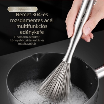 Rozsdamentes acél edényekhez készült hosszú nyeletű edényecset, mosogatáshoz, acélgyapot golyó a súroláshoz