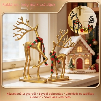 Fémhatású műgyanta rénszarvas díszfigura, európai stílusú, nordikus előcsarnok díszítéséhez