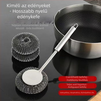 Rozsdamentes acél hosszú nyelű fazékecset, levehető acélgolyós tisztítófejjel