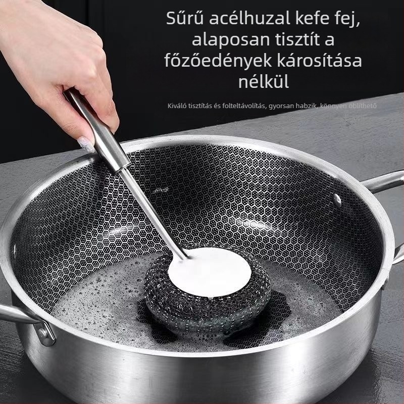 Rozsdamentes acél hosszú nyelű fazékecset, levehető acélgolyós tisztítófejjel