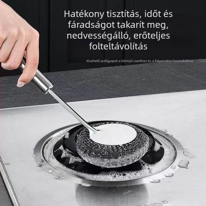 Rozsdamentes acél hosszú nyelű fazékecset, levehető acélgolyós tisztítófejjel