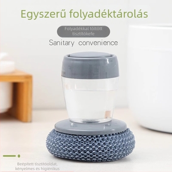 Hosszú nyeletű edénytisztító ecset automata folyadékadagolással — szivacs, acélháló és PET tisztító gömb