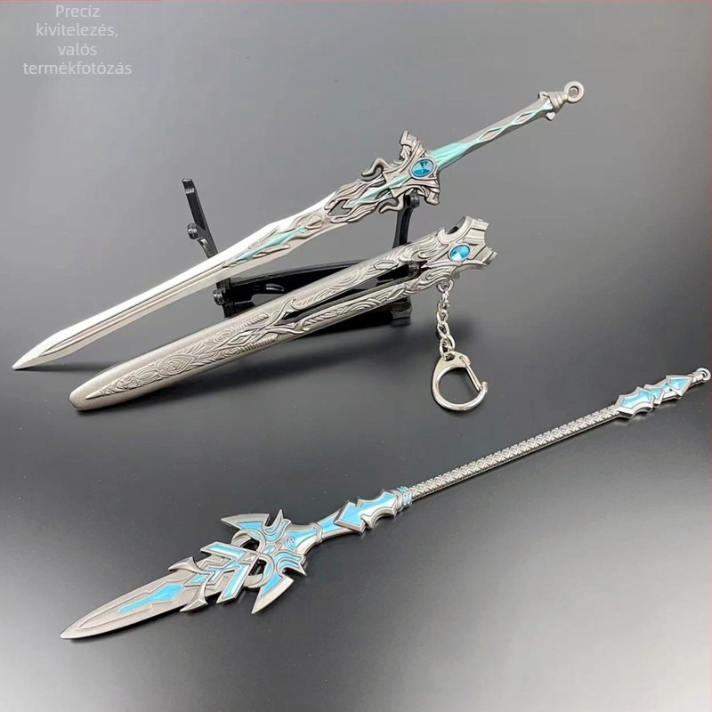 Tang San Seven-Kill Sword ötvözet replika kék-ezüst Overlord lándzsával, fém dísztárgy