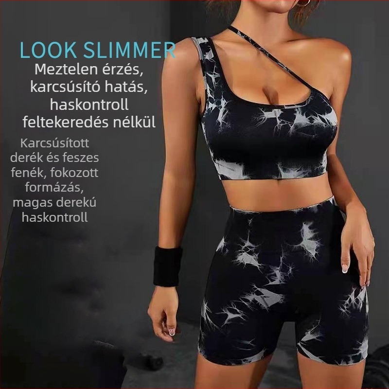 Tie-dye mintás, magas intenzitású sportkészlet, magas derék, csípőemelő hatás, nude hatású karcsúsító jóga- és fitneszruha