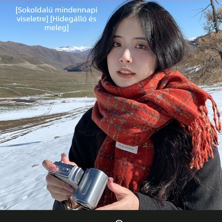 Női kockás sál téli meleg, koreai stílus, kétoldalas, japán retro dizájn
