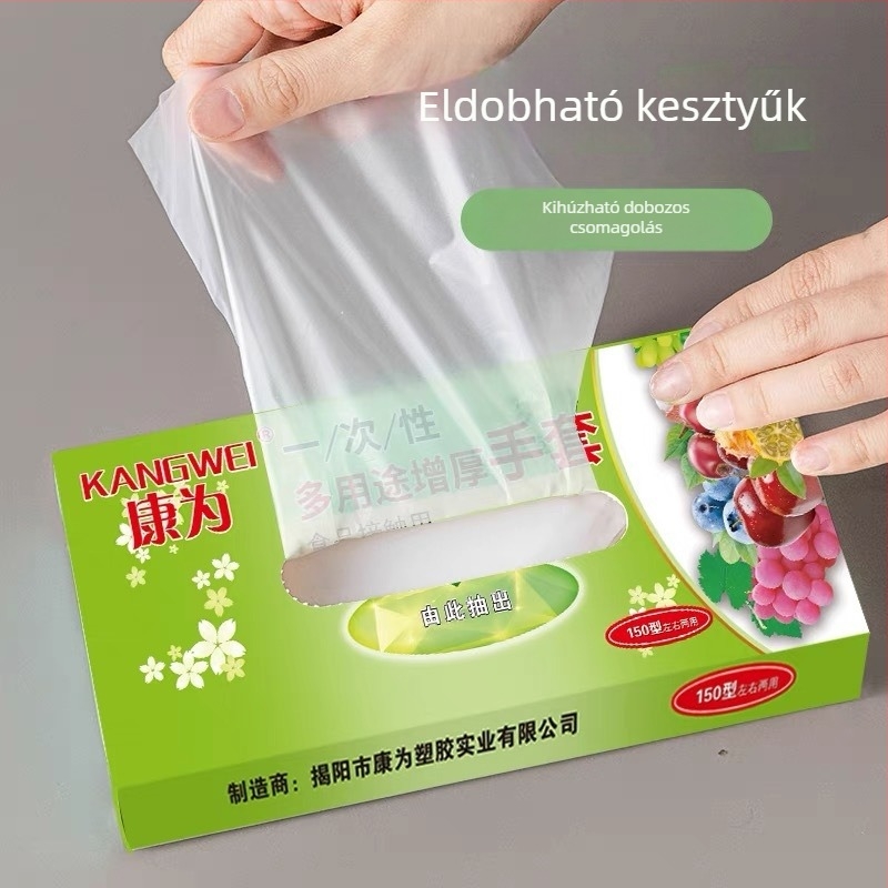 Egyszer használatos vastagított átlátszó PE kesztyűk, élelmiszer-minőségű, dobozos kiszerelésben, cateringhez, elvitelre és otthoni használatra