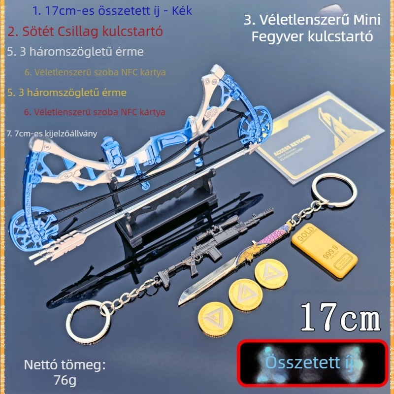 Luna mini 17 cm összetett íj, kék, fém fegyvermodell nyilakkal
