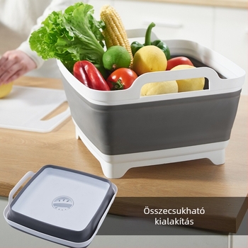 Összecsukható konyhai mosogatómedence függő kialakítással és integrált leeresztő dugóval – kompakt és utazásokhoz alkalmas