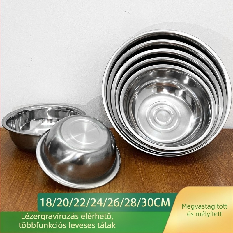 Rozsdamentes acélból készült vastagfalú leveses tál és fűszerezőtál, konyhai edény, átmérő 18–30 cm