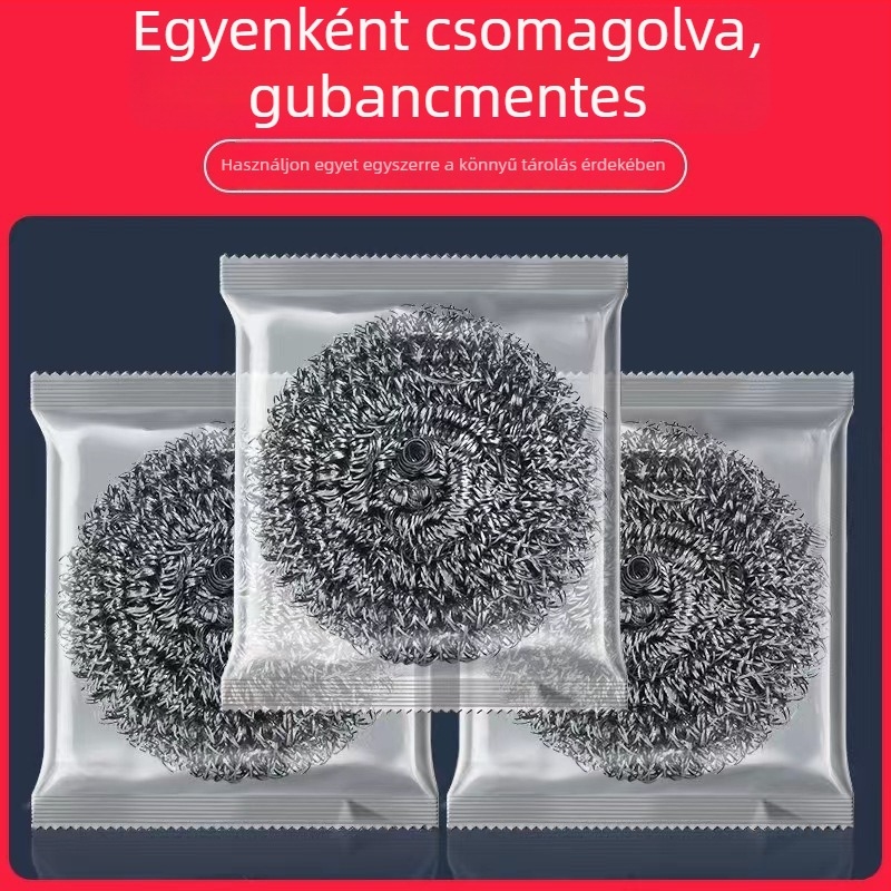 Rozsdamentes acélból készült drótgolyó tisztításhoz edényekhez és serpenyőkhöz, szálak leválása nélkül