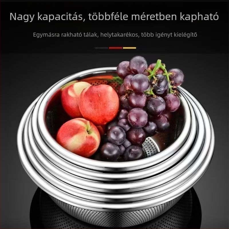 Rozsdamentes acélból készült leeresztő kosár, mosóedény, konyhai szűrő és tészta dagasztó tál