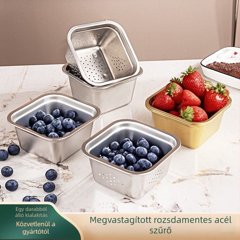 Mini négyszögletes rozsdamentes acél leeresztő tál, konyhai használatra, gyümölcsök és zöldségek előkészítésére, ételekhez – sokfunkciós