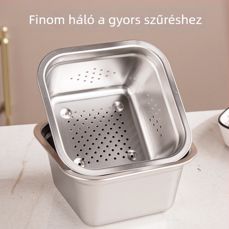 Mini négyszögletes rozsdamentes acél leeresztő tál, konyhai használatra, gyümölcsök és zöldségek előkészítésére, ételekhez – sokfunkciós