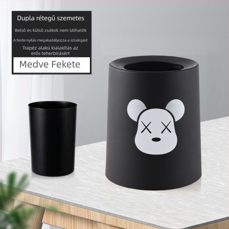 Kerek, PP-anyagú dupla rétegű szemetes, kapacitása több mint 12 L, otthoni használatra (nappali, hálószoba, fürdőszoba, konyha)