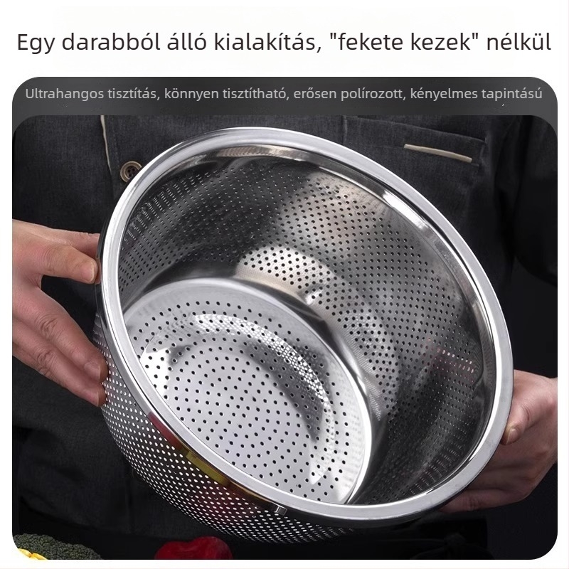 Rozsdamentes acél leeresztő tál zöldségek és rizs mosásához, konyhai szita és szűrő, 27 cm