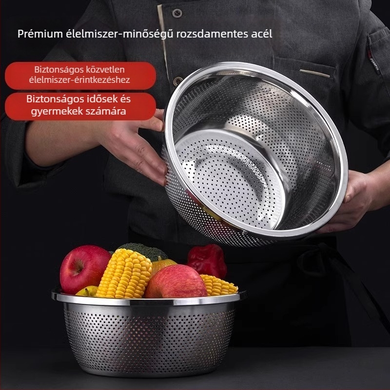 Rozsdamentes acél leeresztő tál zöldségek és rizs mosásához, konyhai szita és szűrő, 27 cm