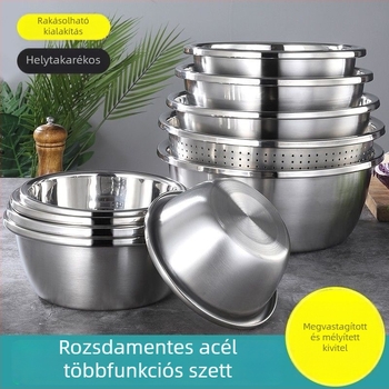 304 rozsdamentes acél kör konyhai mosó- és keverőtál – többfunkciós tál mosáshoz, rizshez, tojások felveréséhez, leszűréshez és fűszerek számára