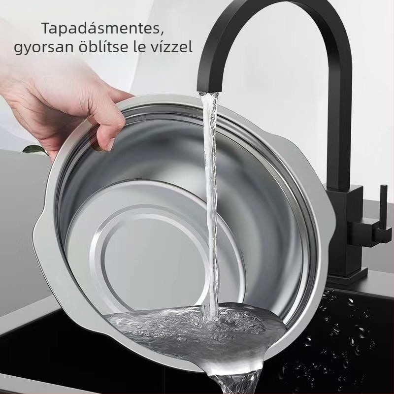 Masszív 304 rozsdamentes acél tál dupla füllel – Konyhai keverő és dagasztó tál, leszűrőkosár és zöldségmosó készlet