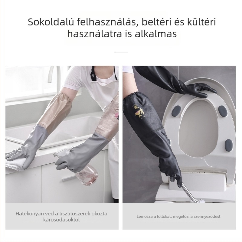 Vastag, vízálló női konyhai kesztyűk tisztításhoz és edények mosásához, bőr‑latex‑gumi anyagból, melegek és olajállóak