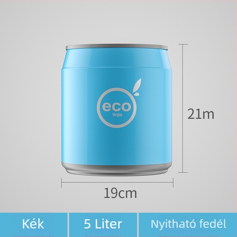 Kreatív műanyag szemetes doboz konz formájú, fedéllel és nyomógombos nyitó mechanizmussal; asztali használathoz (kicsi) vagy fürdőszobába (nagy).