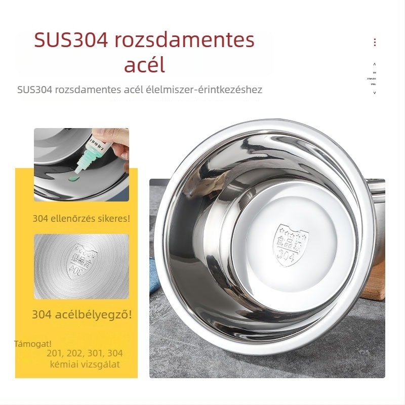 304 rozsdamentes acél, vastagított kerek edény háztartási használatra, leveses tál, tojásfelverő tál, élelmiszer-minőségű fűszeres tartály, zöldségtál