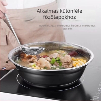 Nemmagnetes rozsdamentes acél leveses tál, vastagított kör alakú kialakítás, méret 08; alkalmas éttermeknek és háztartási használatra; használható leveses tálként, tojásos tálként, zöldséges és gyümölcsök tálaként.