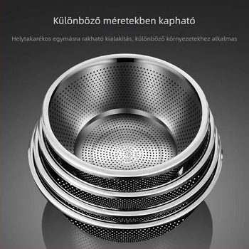 Vastagított rozsdamentes acélból készült kerek szűrőedény rizs, zöldségek és gyümölcsök mosására finom hálóval