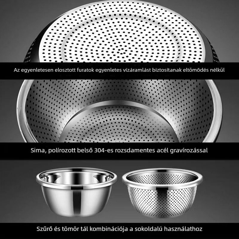 Vastagított rozsdamentes acélból készült kerek szűrőedény rizs, zöldségek és gyümölcsök mosására finom hálóval