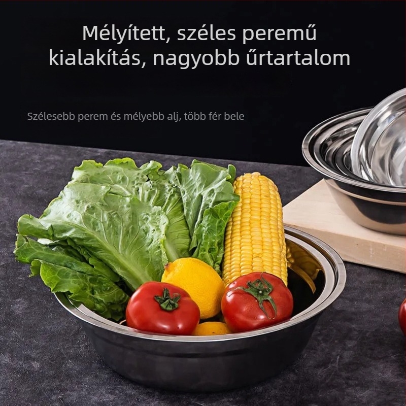 Rozsdamentes acélból készült, többfunkciós leveses tál, kompakt konyhai tál, masszív kivitel, ételekhez és levesekhez