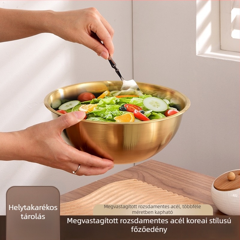Rozsdamentes acélból készült tojásfelverő tál háztartási használatra, koreai stílusú főzőtál, arany színű salátás tál, sütéshez és tésztakeveréshez való tál, különböző méretekben