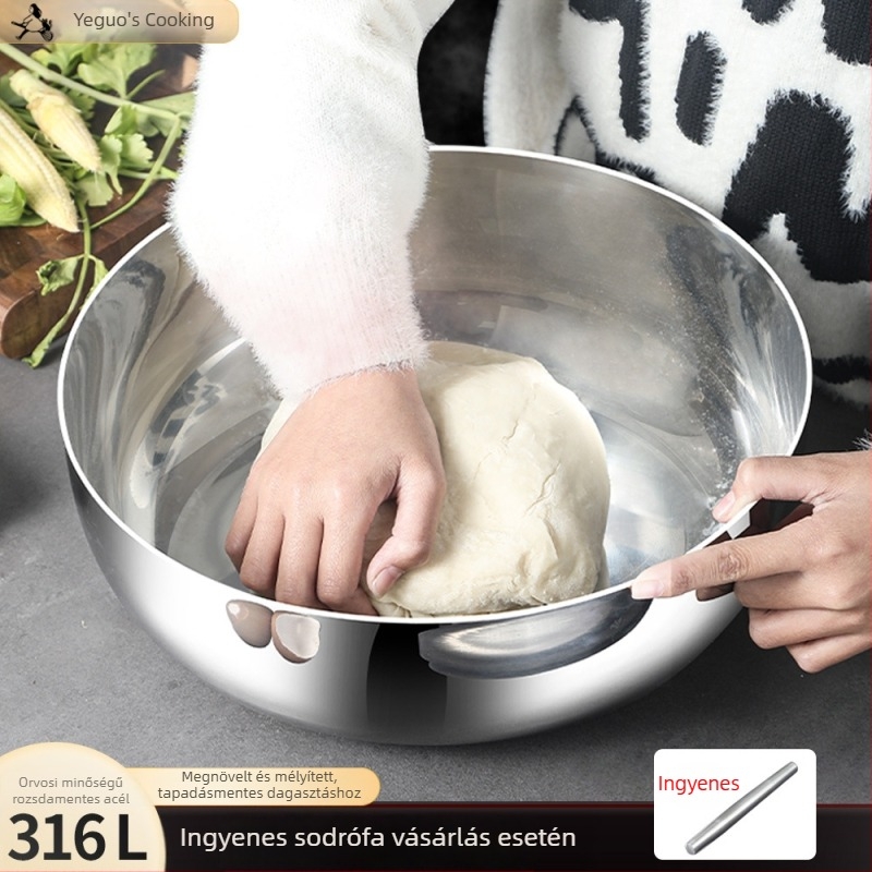 304 rozsdamentes acélból készült mély salátás tál, kerek, minimalist design, alkalmas koreai stílusú salátákhoz, levesekhez és instant tésztához