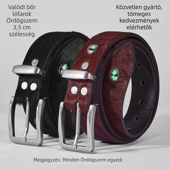 Férfi bőröv tűcsattal, valódi bőr, lófarok motívum, Ördög szeme, divatos, prémium öv