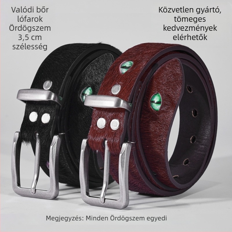 Férfi bőröv tűcsattal, valódi bőr, lófarok motívum, Ördög szeme, divatos, prémium öv
